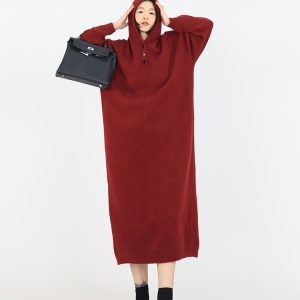 White Hooded Long-Sleeve Knitted Sweater Dress for Women - Korean Style, Loose Fit, Over-the-Knee, Autumn Winter Fashion
