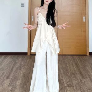 White Irregular V-Neck Camisole and Split Wide-Leg Pants Summer Vacation Set for Women - Casual 90s Inspired Fashion