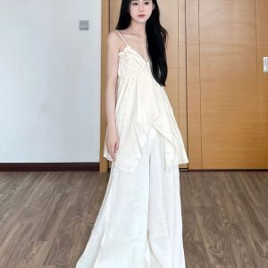 White Irregular V-Neck Camisole and Split Wide-Leg Pants Summer Vacation Set for Women - Casual 90s Inspired Fashion