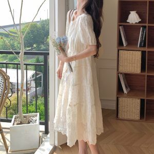 White Jacquard Sheer Dress for Women - Fairy-Like Loose Long Summer Dress for Beach Vacation 2025, Elegant and Romantic Style