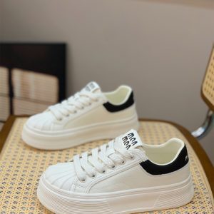 White Lace-Up Thick-Soled Casual Sneakers for Women - Genuine Leather Shell Toe Shoes, 2025 Spring Fashion