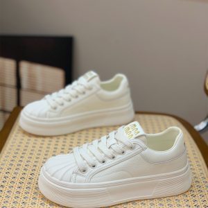 White Lace-Up Thick-Soled Casual Sneakers for Women - Genuine Leather Shell Toe Shoes, 2025 Spring Fashion