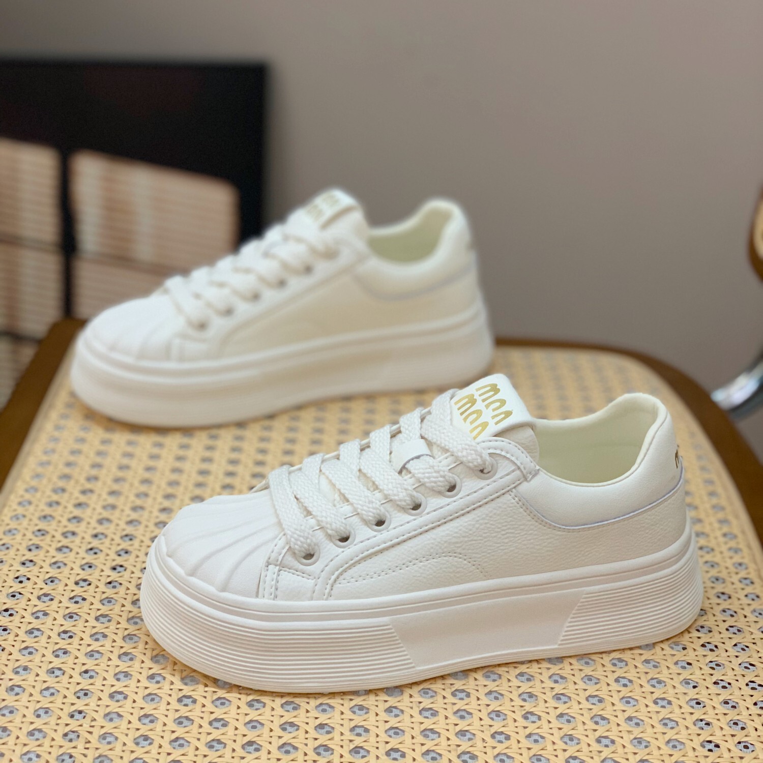 White Lace-Up Thick-Soled Casual Sneakers for Women - Genuine Leather Shell Toe Shoes, 2025 Spring Fashion