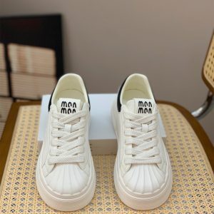 White Lace-Up Thick-Soled Casual Sneakers for Women - Genuine Leather Shell Toe Shoes, 2025 Spring Fashion