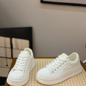 White Lace-Up Thick-Soled Casual Sneakers for Women - Genuine Leather Shell Toe Shoes, 2025 Spring Fashion