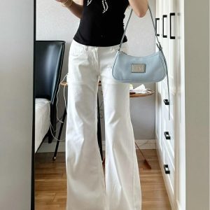 White Low Waist Flared Jeans for Women, Summer Style, Loose Wide-Leg Fit, Flattering for Petite Figures, Trendy Non-Skinny Pants