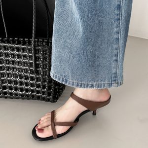 White Minimalist Korean Style Open-Toe High Heel Flip Flops for Women - Summer Day Dreaming Genuine Leather Footwear