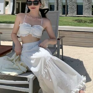 White Padded Strap Tank Top and High-Waisted Cake Skirt Two-Piece Set for Women - Summer Seaside Vacation Style