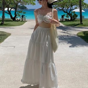 White Padded Strap Tank Top and High-Waisted Cake Skirt Two-Piece Set for Women - Summer Seaside Vacation Style