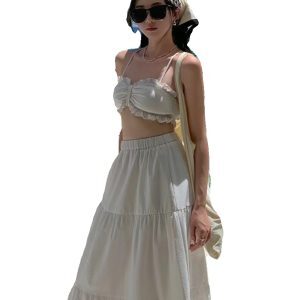 White Padded Strap Tank Top and High-Waisted Cake Skirt Two-Piece Set for Women - Summer Seaside Vacation Style