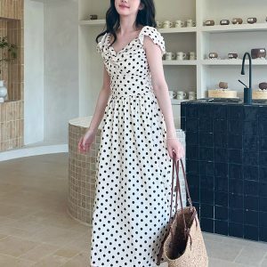 White Polka Dot Square Neck Dress with Small Flying Sleeves - French Style, Waist-Cinching, Summer 2025, Unique Long Dress for Women