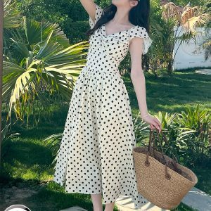 White Polka Dot Square Neck Dress with Small Flying Sleeves - French Style, Waist-Cinching, Summer 2025, Unique Long Dress for Women