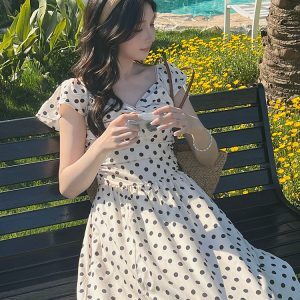 White Polka Dot Square Neck Dress with Small Flying Sleeves - French Style, Waist-Cinching, Summer 2025, Unique Long Dress for Women