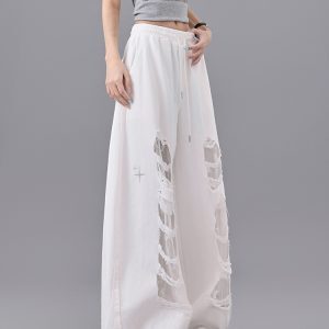 White Ripped Patchwork Lace Dance Long Pants for Women - High Waist Drawstring Casual Summer Trousers, Y2K Style