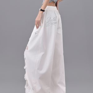 White Ripped Patchwork Lace Dance Long Pants for Women - High Waist Drawstring Casual Summer Trousers, Y2K Style
