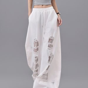 White Ripped Patchwork Lace Dance Long Pants for Women - High Waist Drawstring Casual Summer Trousers, Y2K Style
