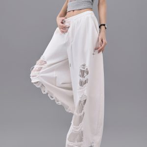 White Ripped Patchwork Lace Dance Long Pants for Women - High Waist Drawstring Casual Summer Trousers, Y2K Style