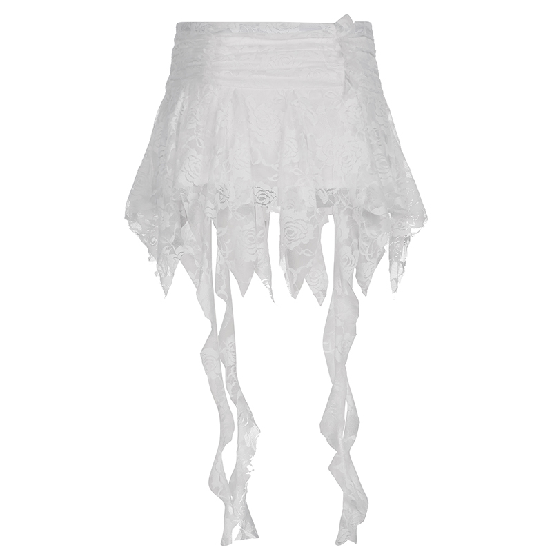 White Rose Lace Spliced Low-Waist A-Line Skirt with Pleats and Ruffles - American Style Floral Design for 90s Y2K Fashion