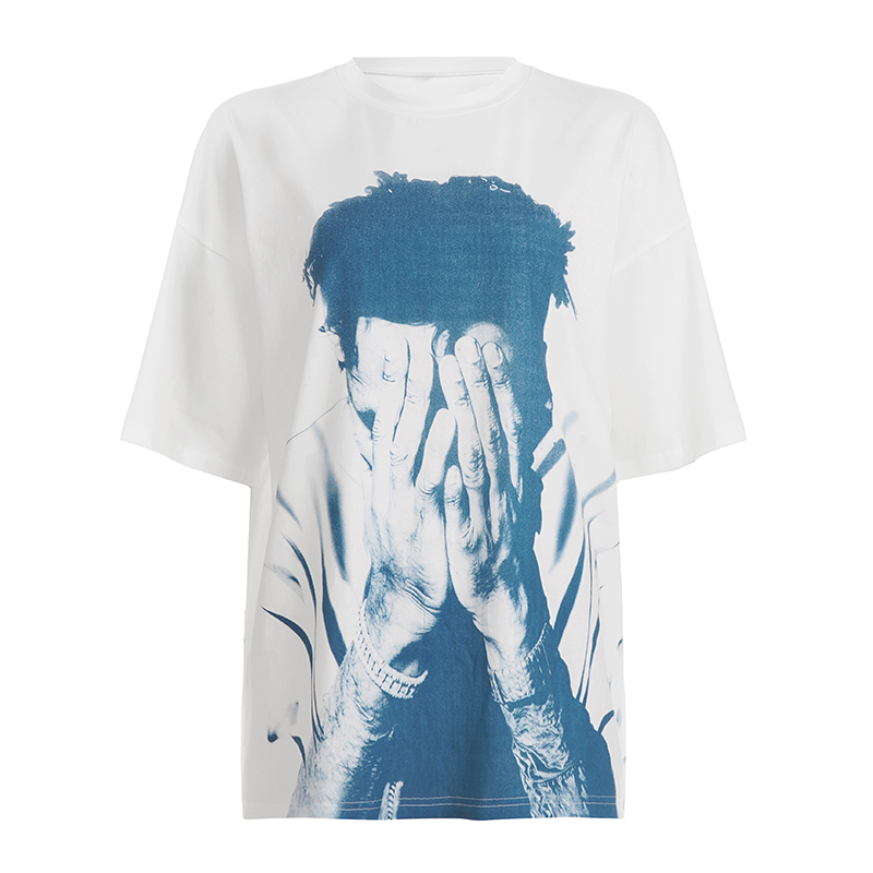White Round Neck Hip-Hop Portrait T-Shirt for Women - Spicy Girl Graphic, Loose Fit, Slimming Pure Cotton Casual Top