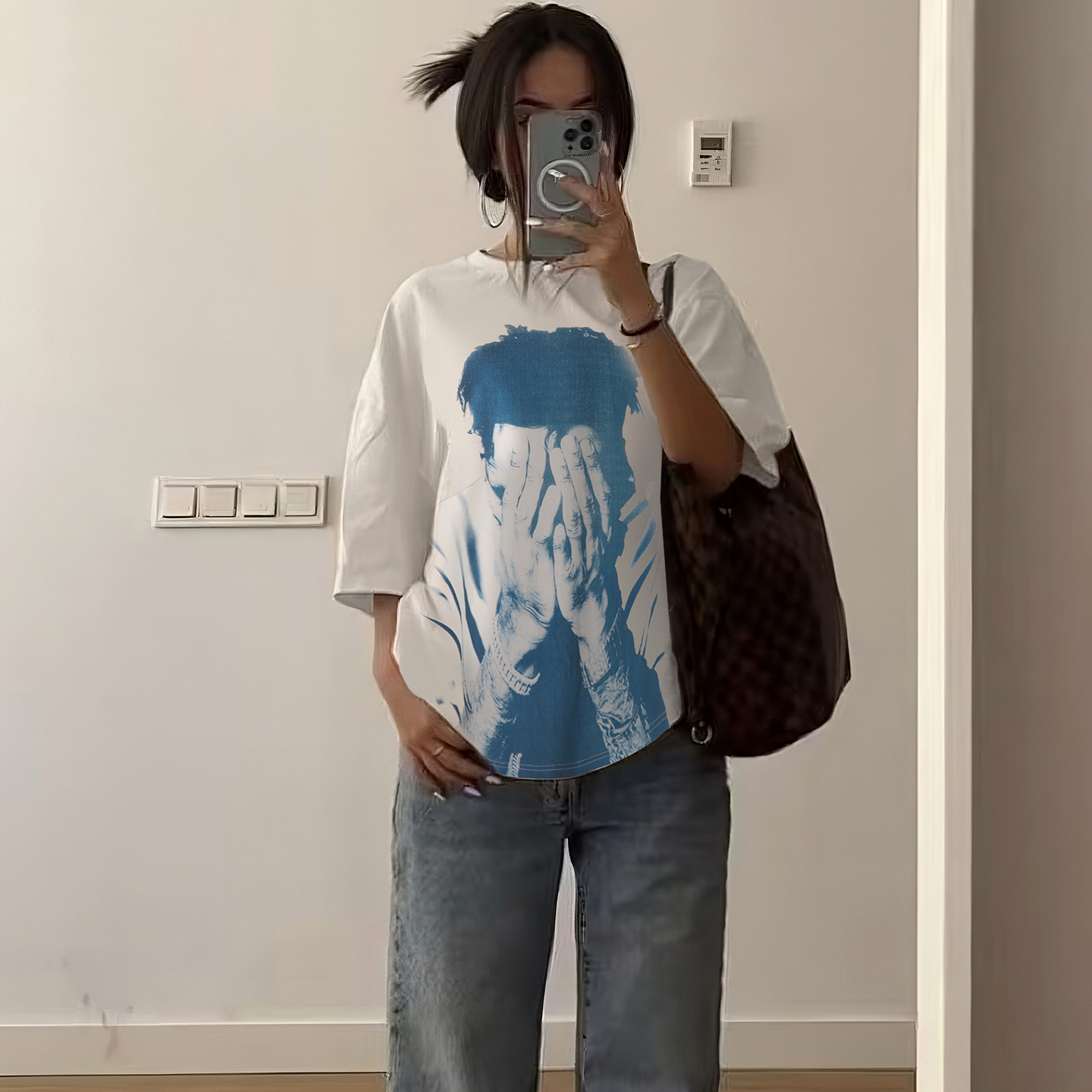 White Round Neck Hip-Hop Portrait T-Shirt for Women - Spicy Girl Graphic, Loose Fit, Slimming Pure Cotton Casual Top