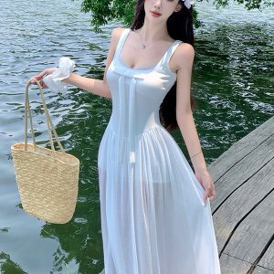 White Sheer Lace Camisole Dress for Women - Summer Waist-Cinching Slim Fit Long Skirt for Beach Vacation, 90s Style