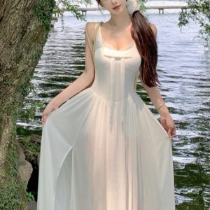 White Sheer Lace Camisole Dress for Women - Summer Waist-Cinching Slim Fit Long Skirt for Beach Vacation, 90s Style