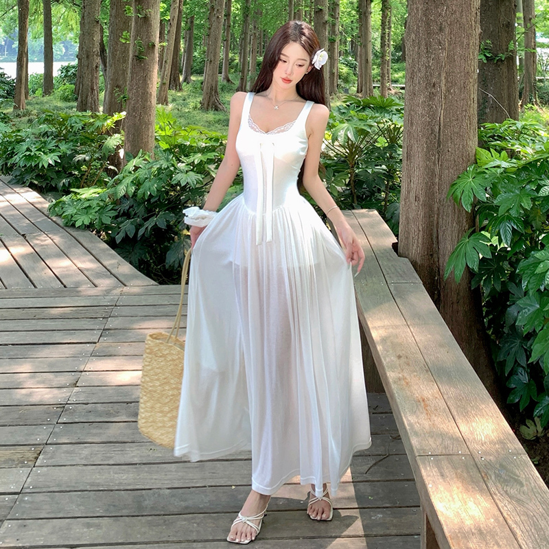 White Sheer Lace Camisole Dress for Women - Summer Waist-Cinching Slim Fit Long Skirt for Beach Vacation, 90s Style