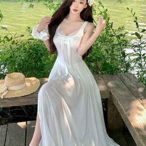 White Sheer Lace Camisole Dress for Women - Summer Waist-Cinching Slim Fit Long Skirt for Beach Vacation, 90s Style