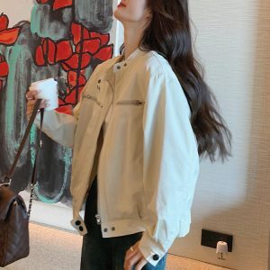 White Short Motorcycle Jacket with Stand Collar for Women - Trendy Spring Autumn American Baseball Style 2025 Fashion