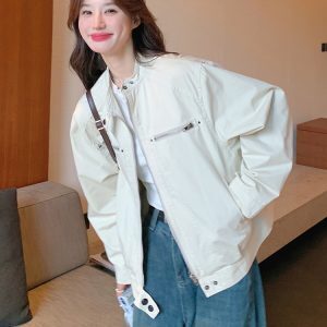 White Short Motorcycle Jacket with Stand Collar for Women - Trendy Spring Autumn American Baseball Style 2025 Fashion