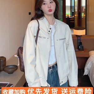 White Short Motorcycle Jacket with Stand Collar for Women - Trendy Spring Autumn American Baseball Style 2025 Fashion