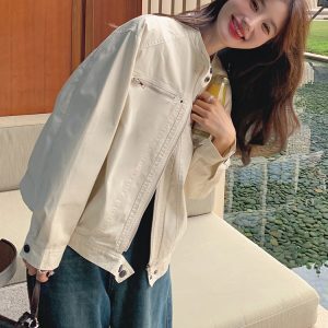 White Short Motorcycle Jacket with Stand Collar for Women - Trendy Spring Autumn American Baseball Style 2025 Fashion
