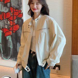 White Short Motorcycle Jacket with Stand Collar for Women - Trendy Spring Autumn American Baseball Style 2025 Fashion