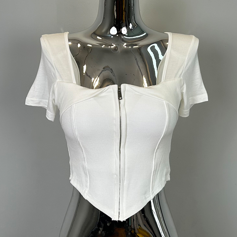 White V-Neck Zipper One-Shoulder T-Shirt for Women - Sexy Slim-Fit Summer Top in Gray - Korean Style, Low-Cut Design