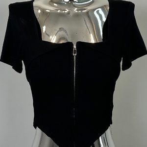 White V-Neck Zipper One-Shoulder T-Shirt for Women - Sexy Slim-Fit Summer Top in Gray - Korean Style, Low-Cut Design