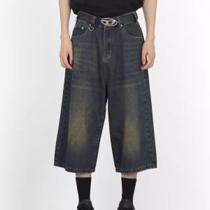 Wide-Leg 7/10 Denim Shorts for Men - Vintage Wash Distressed Summer Style Straight-Leg Casual Fashion