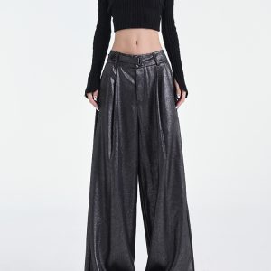 Wide-Leg Black Satin Casual Pants for Women - Original Design, Thin Acetate, Early Autumn Style