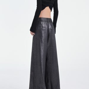 Wide-Leg Black Satin Casual Pants for Women - Original Design, Thin Acetate, Early Autumn Style