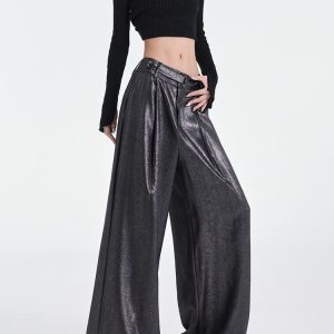 Wide-Leg Black Satin Casual Pants for Women - Original Design, Thin Acetate, Early Autumn Style