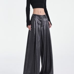 Wide-Leg Black Satin Casual Pants for Women - Original Design, Thin Acetate, Early Autumn Style