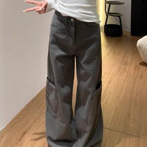 Wide-Leg Deep Gray Denim Cargo Pants for Women - Summer Loose Fit, Slimming Multi-Pocket Casual Style