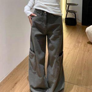 Wide-Leg Deep Gray Denim Cargo Pants for Women - Summer Loose Fit, Slimming Multi-Pocket Casual Style