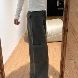 Wide-Leg Deep Gray Denim Cargo Pants for Women - Summer Loose Fit, Slimming Multi-Pocket Casual Style