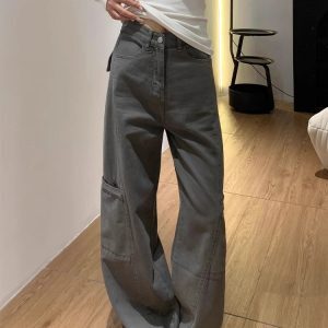 Wide-Leg Deep Gray Denim Cargo Pants for Women - Summer Loose Fit, Slimming Multi-Pocket Casual Style
