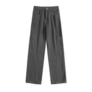 Wide-Leg Deep Gray Denim Cargo Pants for Women - Summer Loose Fit, Slimming Multi-Pocket Casual Style