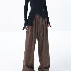 Wide-Leg Striped Casual Pants for Women with Pleated Waist Design - Floor-Length Trousers, Perfect for Early Autumn Style
