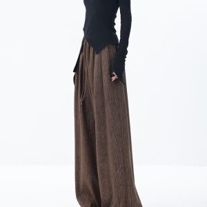 Wide-Leg Striped Casual Pants for Women with Pleated Waist Design - Floor-Length Trousers, Perfect for Early Autumn Style