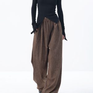 Wide-Leg Striped Casual Pants for Women with Pleated Waist Design - Floor-Length Trousers, Perfect for Early Autumn Style