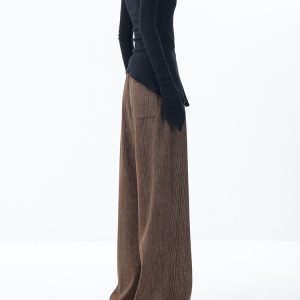 Wide-Leg Striped Casual Pants for Women with Pleated Waist Design - Floor-Length Trousers, Perfect for Early Autumn Style
