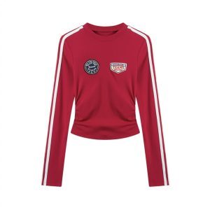 Wine Red Striped Jazz Dance Outfit: Retro Short Tight Top with Navy Quick-Dry Cargo Pants for 90s Inspired Style